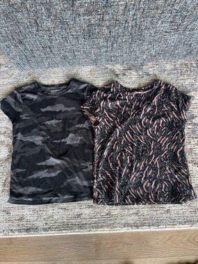 Athleta Short Sleeve Tees - Black Camo & Black with Pink Swirl